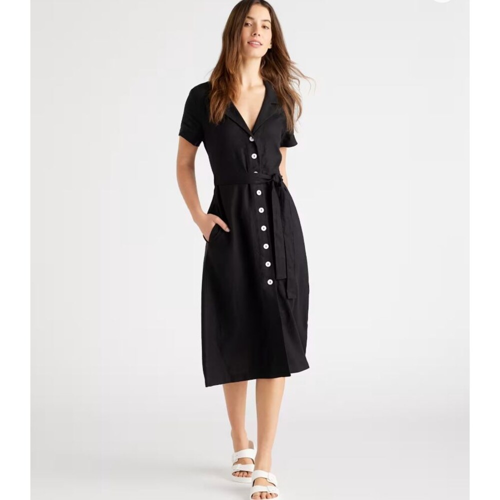 Quince Black 100% European Linen Button Front Midi Dress Belted Pockets Womens S